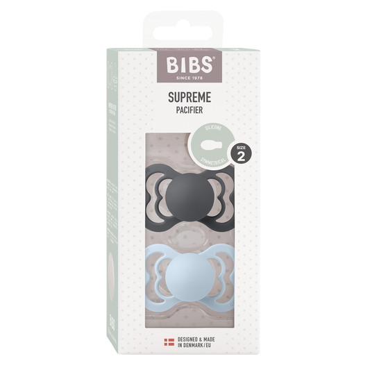 BIBS - 2-Pak Supreme Symmetrisk Sut Silikone Str. 2 - Iron / Baby Blue