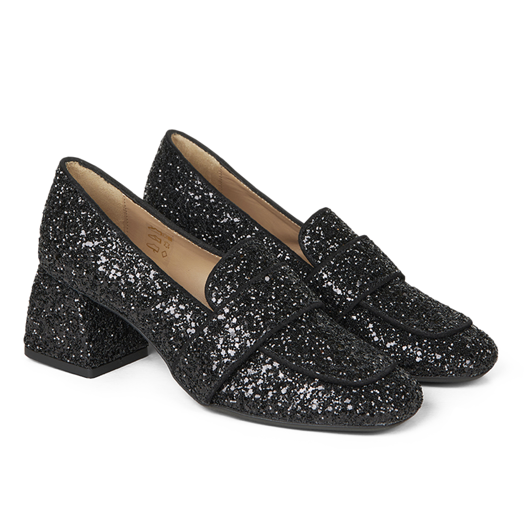 Angulus - Loafer Med Hæl, 1647 - Black Glitter / Black