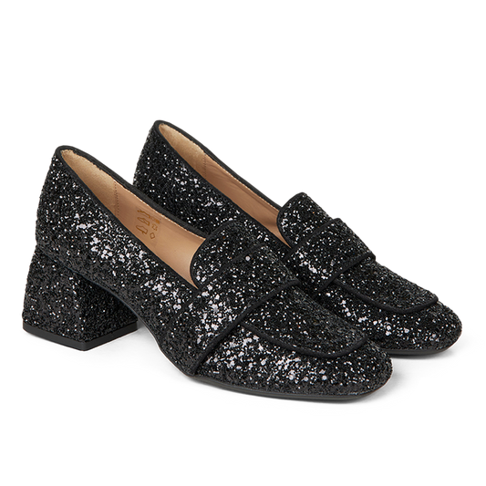 Angulus - Loafer Med Hæl, 1647 - Black Glitter / Black