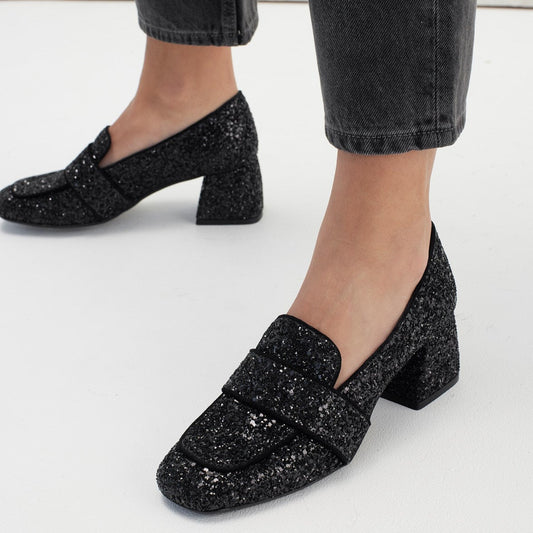 Angulus - Loafer Med Hæl, 1647 - Black Glitter / Black