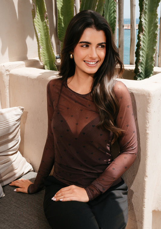 Liberté - Mesh LS T-Shirt, 22065 - Dark Brown Heart Check