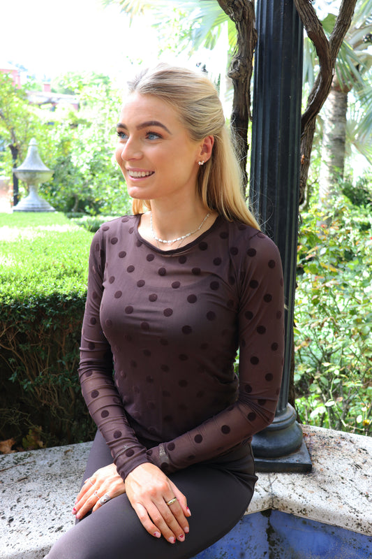 Liberté - Mesh LS T-Shirt, 22065 - Dark Brown Big Flock Dot