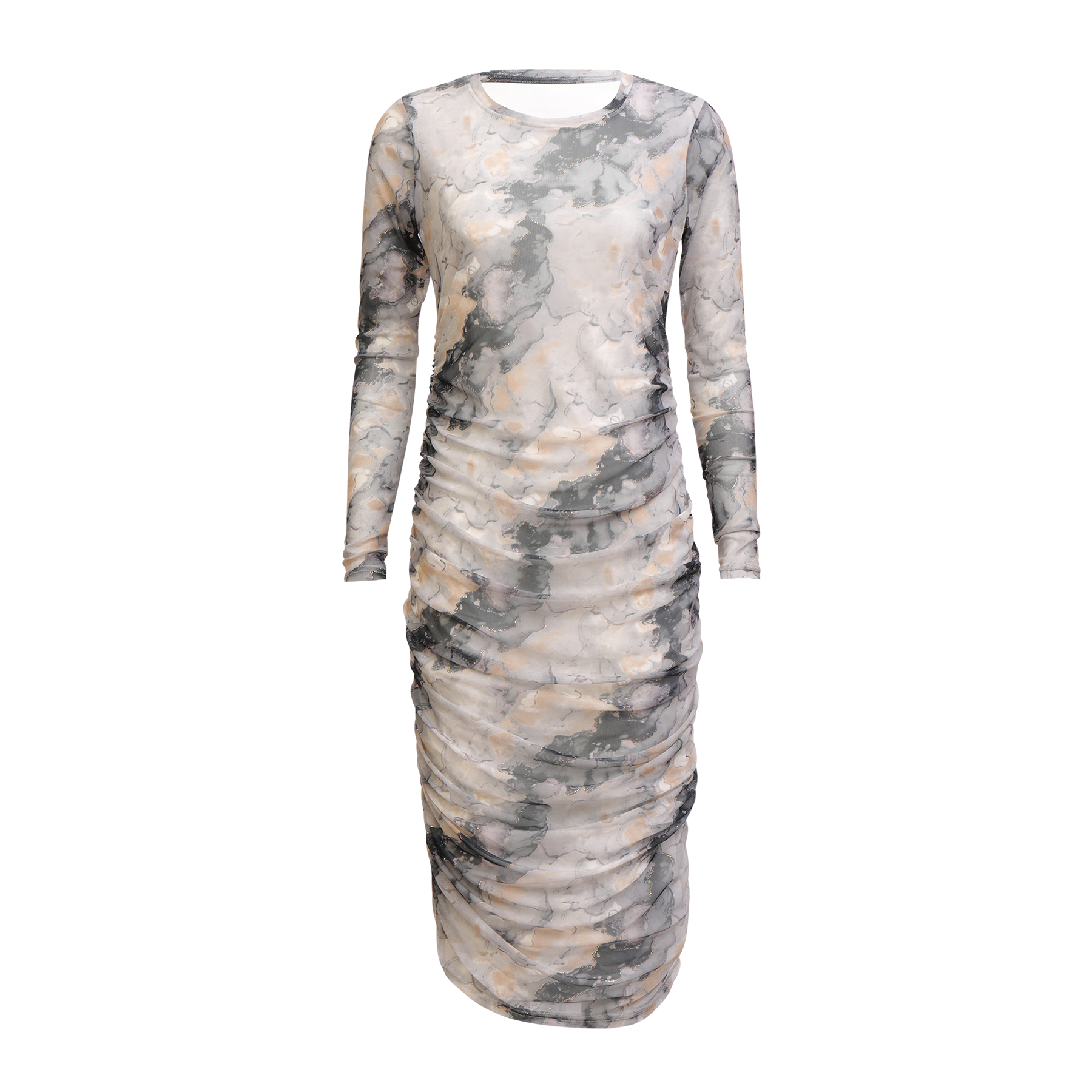 Liberté - Mesh LS Long Dress, 22219 - Black Grey Gold Marble