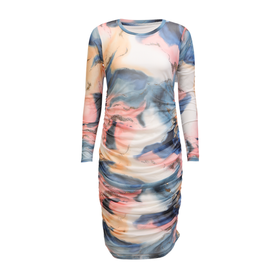 Liberté - Mesh LS Long Dress, 22219 - Blue Peach Gold Marble