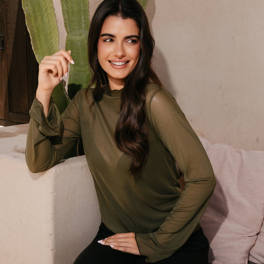 Liberté - Mesh LS Trompet Top, 22486 - Army