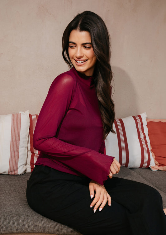 Liberté - Mesh LS Trompet Top, 22486 - Bordeaux