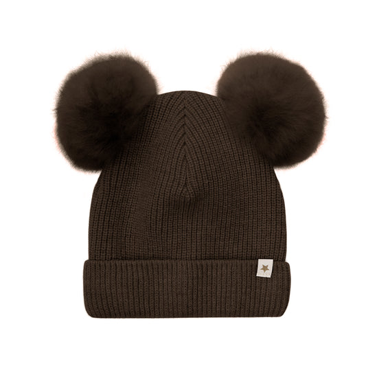HUTTEliHUT - Hat Knit Alpaca Pompoms, 460396 - Dark Brown Melange