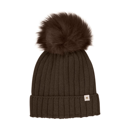 HUTTEliHUT - Hat Knit Alpaca Pompom, 460397 - Dark Brown Melange
