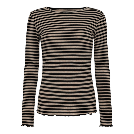 Liberté - Natalia Round Neck Blouse LS, 9914 - Sesame Black Stripe
