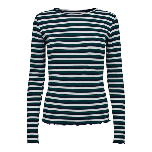 Liberté - Natalia Round Neck Blouse LS, 9914 - Dark Blue Green White Stripe