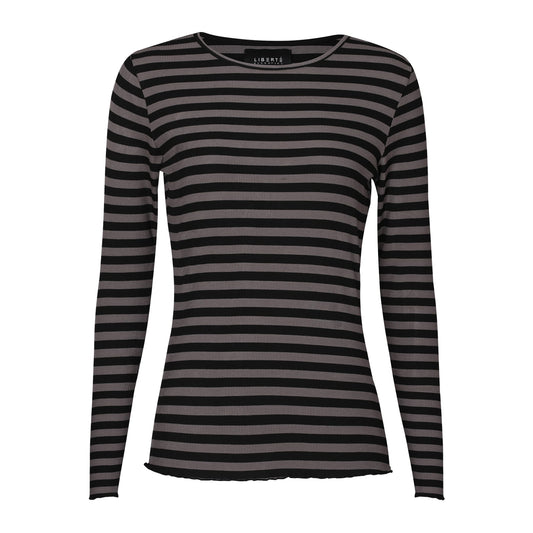 Liberté - Natalia Round Neck Blouse LS, 9914 - Black Dark Grey Stripe