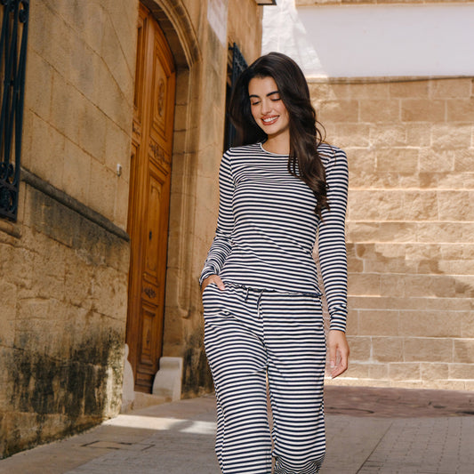 Liberté - Natalia LS Round Neck Blouse, 9914 - Navy Grey Mel. Stripe