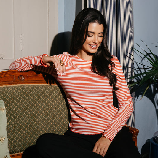 Liberté - Natalia LS Round Neck Blouse, 9914 - Red Creme Gold Stripe