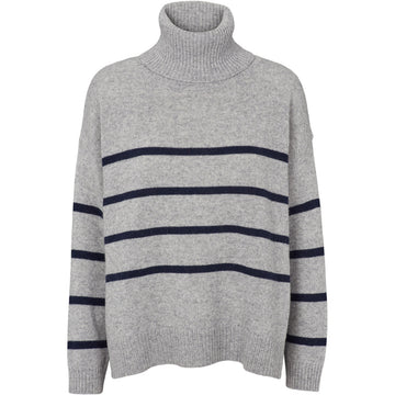 Basic Apparel - Line Striped T-Neck - Light Grey Melange / Sky Captain