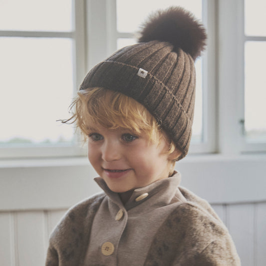 HUTTEliHUT - Hat Knit Alpaca Pompom, 460397 - Dark Brown Melange