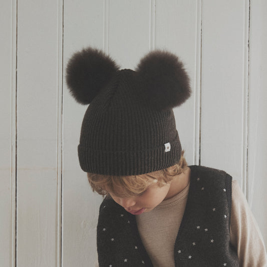 HUTTEliHUT - Hat Knit Alpaca Pompoms, 460396 - Dark Brown Melange