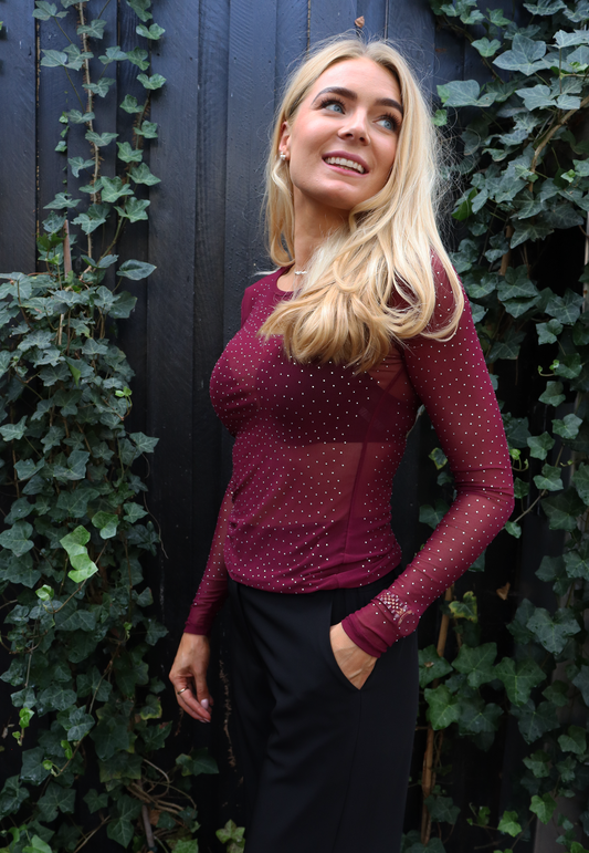 Liberté - Mesh LS Sparkle T-shirt, 22134 - Bordeaux Diamond Dot
