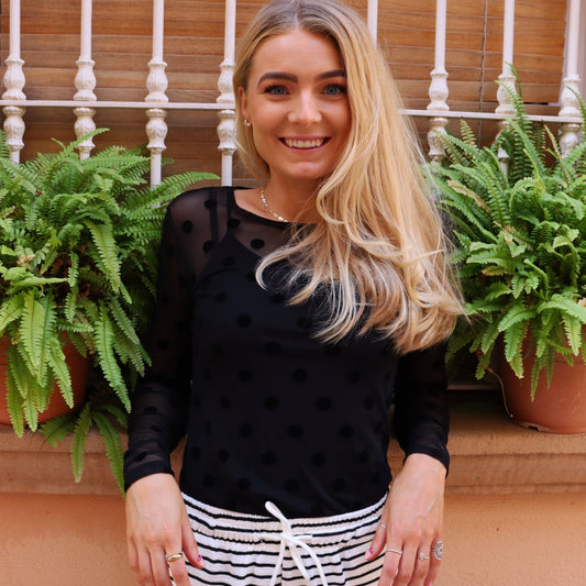 Liberté - Mesh LS T-Shirt, 22065 - Black Big Flock Dot