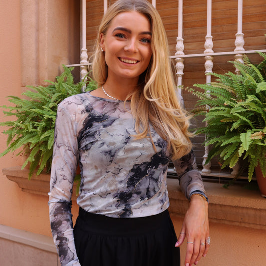 Liberté - Mesh LS T-Shirt, 22065 - Black Grey Gold Marble