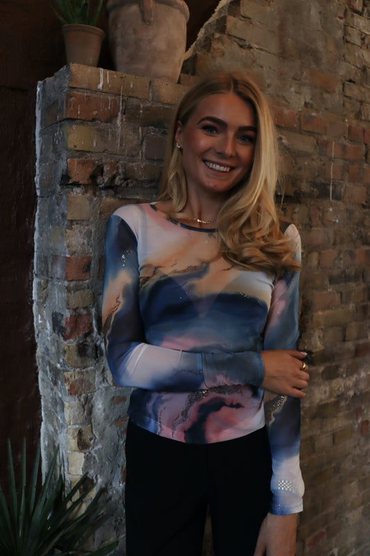 Liberté - Mesh LS T-Shirt, 22065 - Blue Peach Gold Marble