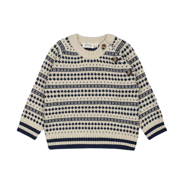 Petit Piao - O-Neck Light Nordic Knit Sweater, PP1038 - Off White / Deep Cobalt