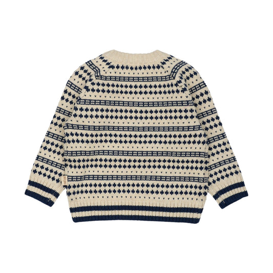 Petit Piao - O-Neck Light Nordic Knit Sweater, PP1038 - Off White / Deep Cobalt