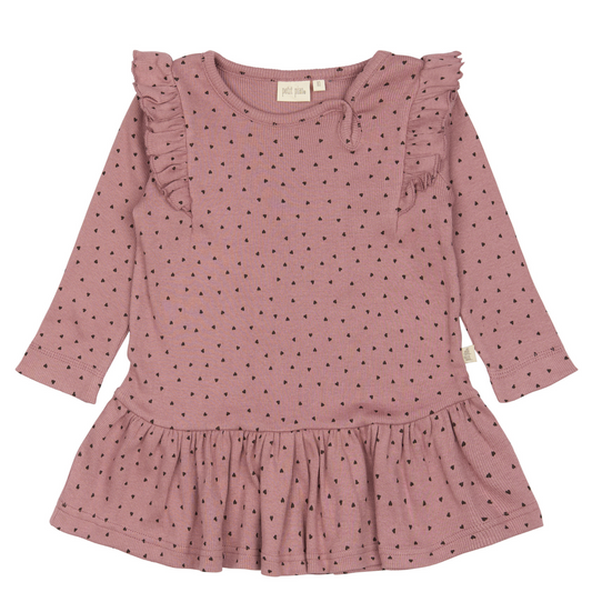 Petit Piao - Dress LS Frill Modal Heart, PP1944 - Nostalgic Rose / Coffee Bean