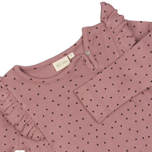 Petit Piao - Dress LS Frill Modal Heart, PP1944 - Nostalgic Rose / Coffee Bean