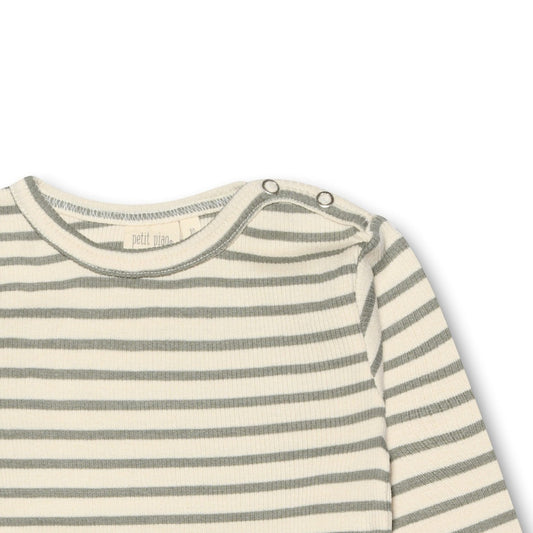Petit Piao - T-shirt LS Modal Striped, PP303 - Green Shadow / Offwhite