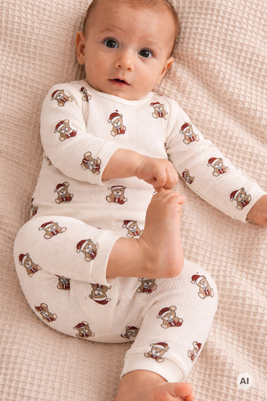 THE NEW Siblings - Holiday Teddy LS Rib Body, TNSB7418 - Gardenia AOP