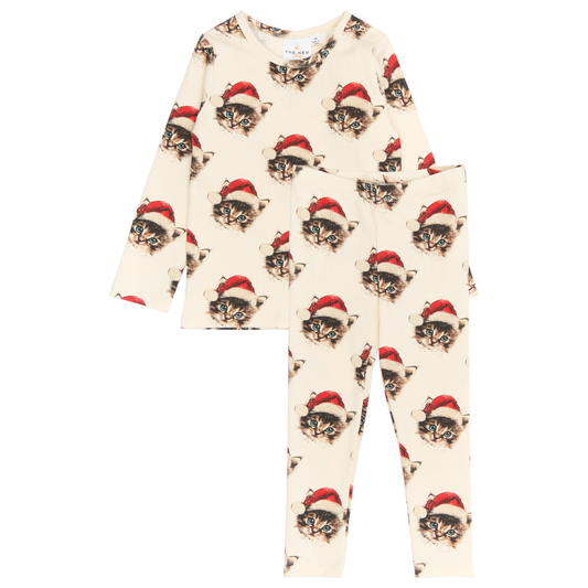 THE NEW Siblings - Holiday Rib Nightset, TNST6639 - Gardenia Cat AOP