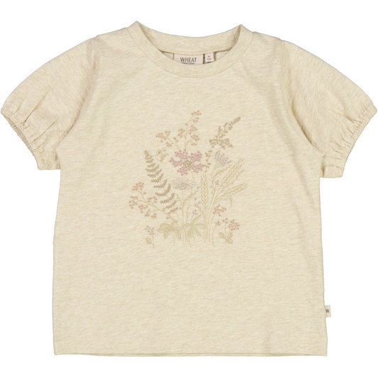 Wheat - T-shirt Flower Embroidery - Buttermilk Melange