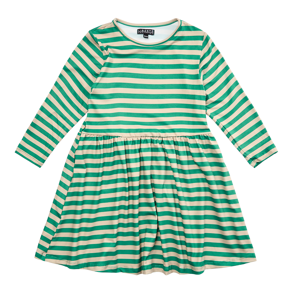 Liberté - Alma KIDS Babydoll Dress LS - Dark Sand Green Stripe