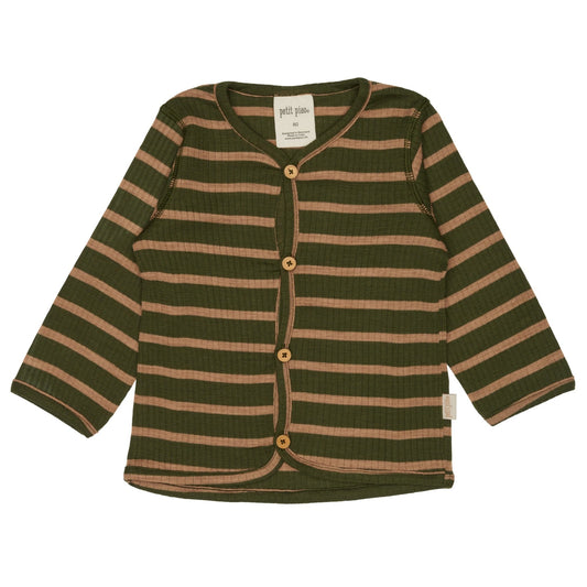 Petit Piao - Cardigan Merino Wool Striped - Leaves / Cream